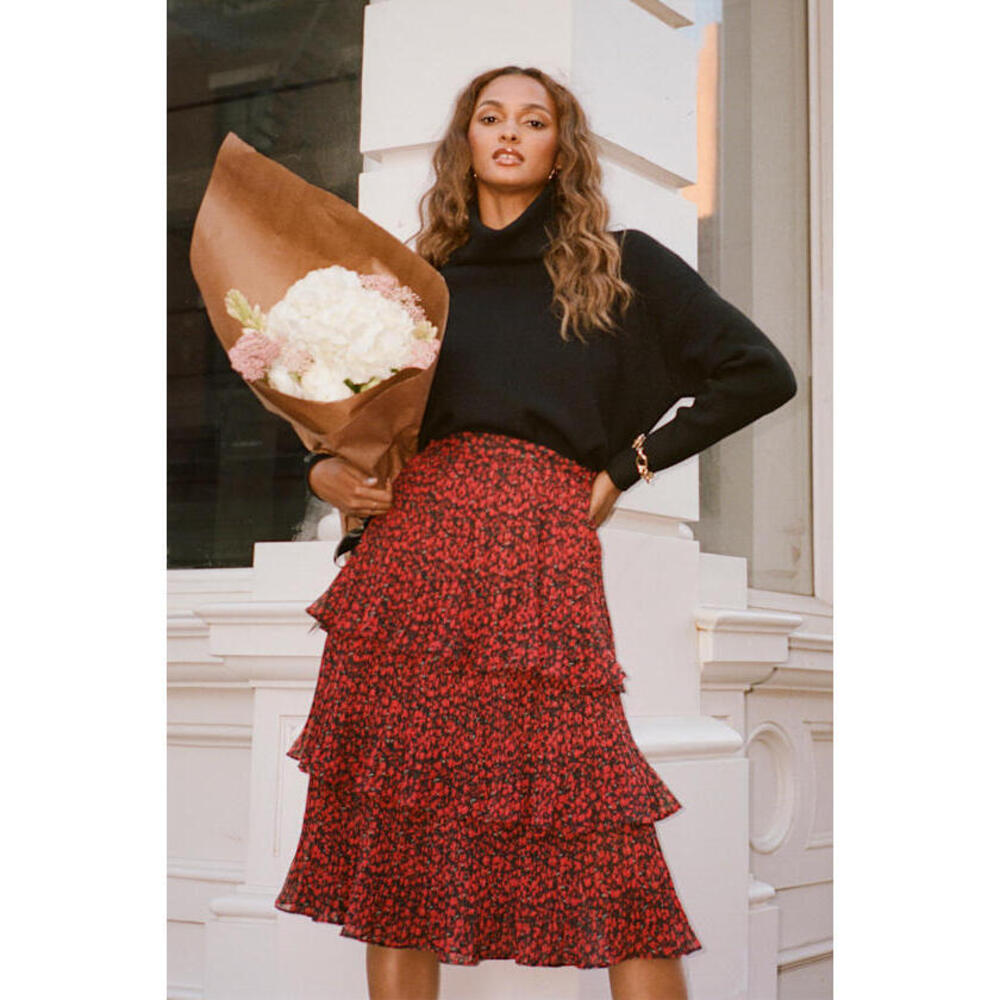 Lulus Duarte Black And Red Floral Print Pleated Tiered Midi Skirt - Size M